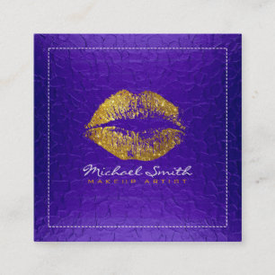 Gold Lips Makeup Artist Modern Violet Metal Square Business Card