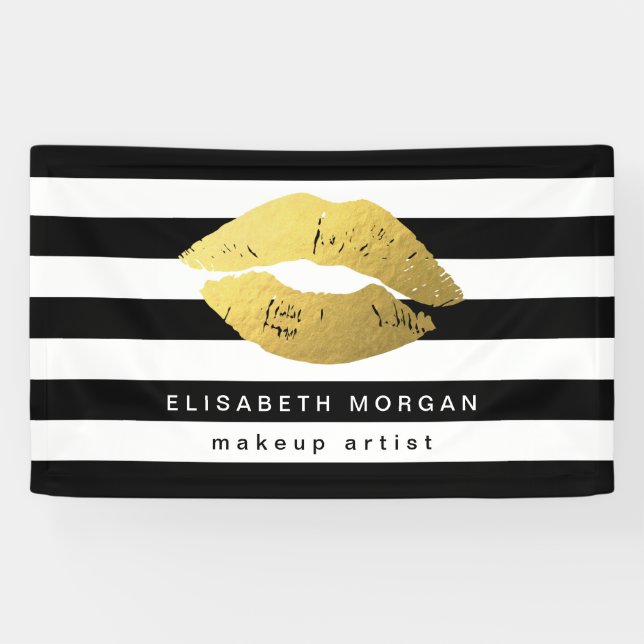 Gold Lips Makeup Beauty Salon Black White Stripes Banner (Horizontal)