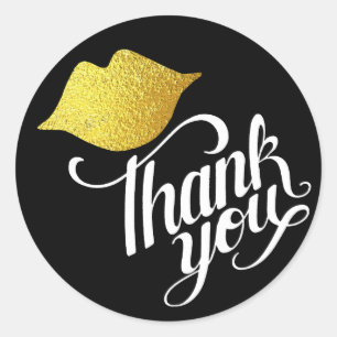 gold lips . mouth . kiss 'thank you' black classic round sticker