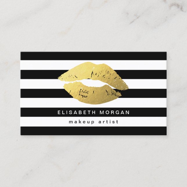 Gold Lips with Black White Stripes - Makeup Artist Business Card (Front)