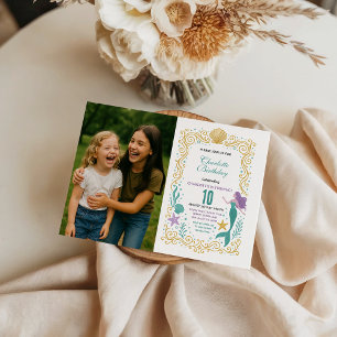 Gold Little Mermaid 10th Birthday  Under the sea Invitation