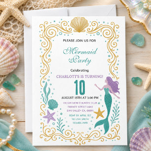 Gold Little Mermaid 10th Birthday Under the sea Invitation