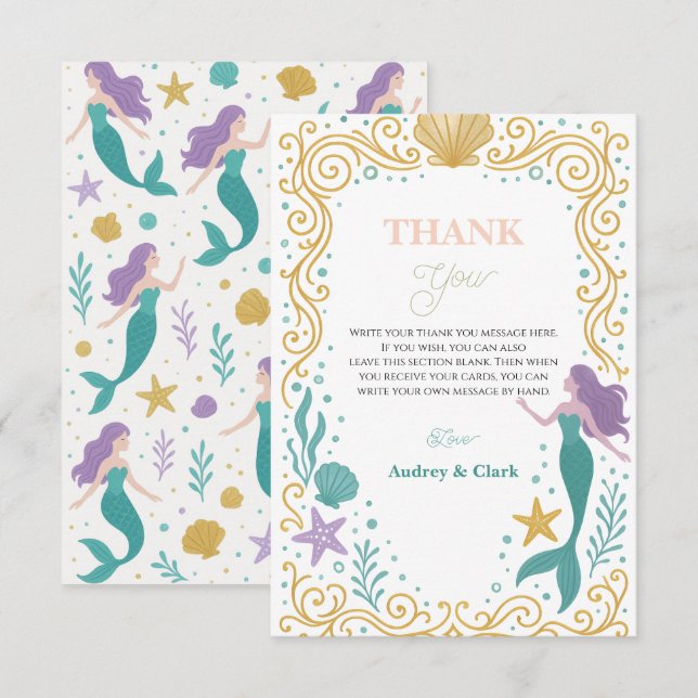 Gold Little Mermaid 10th Birthday Under the sea Thank You Card (Front/Back)