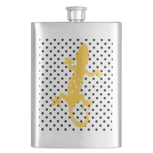 Gold Lizard Black White Polka Dotted Flask