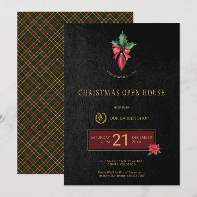 Gold Logo Barber Shop Christmas Open House Party Invitation (Front/Back)