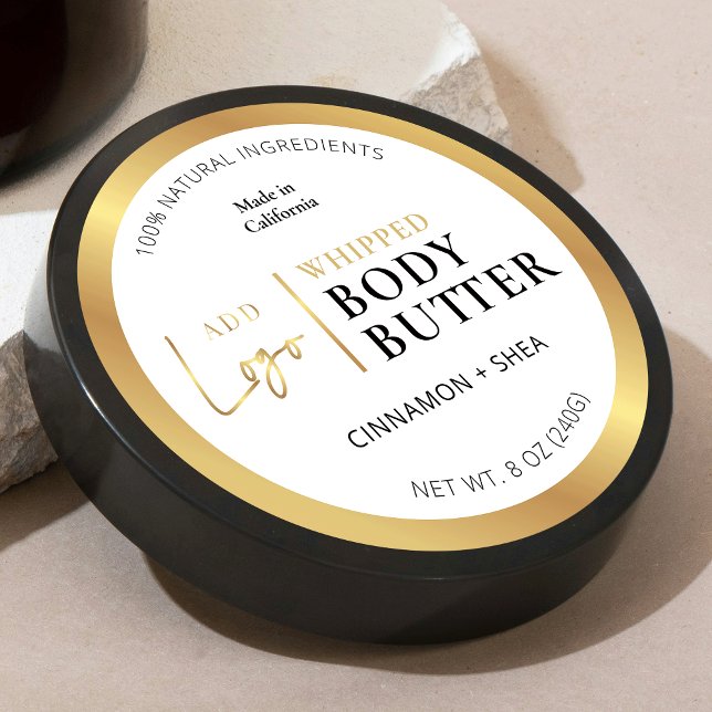 Gold Logo Body Butter Jar Round Product Label (Elegant white and faux gold logo round product labels - great for jars & tins)