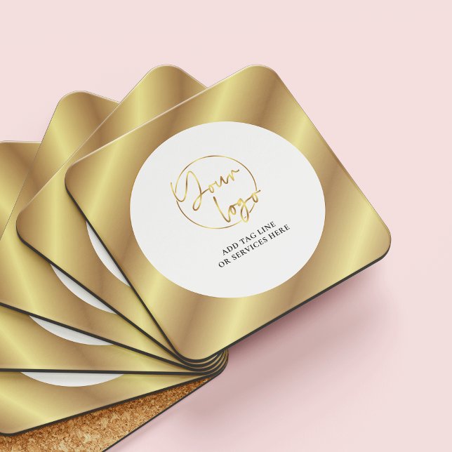 Gold Logo Modern Business Marketing Corporate Gift Coaster (White and gold business logo branded drink coasters)