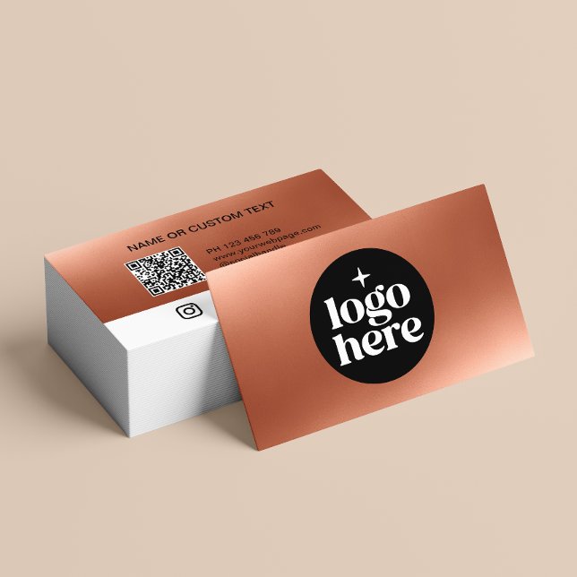 Gold Logo QR Code Social Media Business Card (Customize with your logo, social media icons, QR code and contact info. Choose corner style and size)