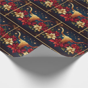 Gold Longhorn Steer With Poinsettias Christmas Wrapping Paper