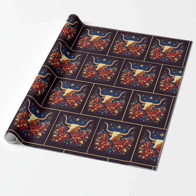 Gold Longhorn Steer With Poinsettias Christmas Wrapping Paper (Unrolled)