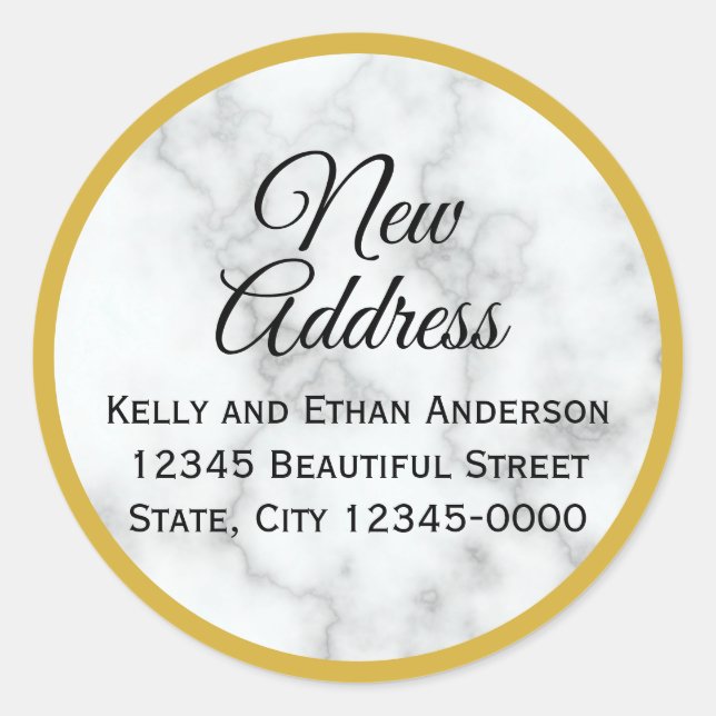 Gold Look and Faux White Marble New Address Classic Round Sticker (Front)