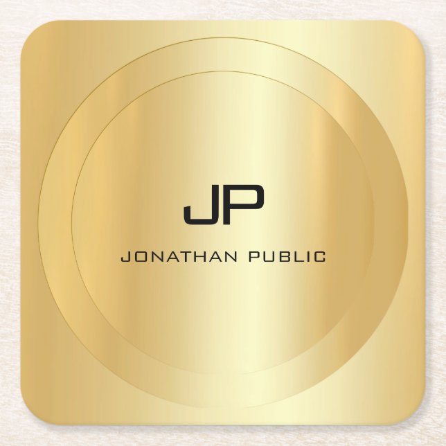 Gold Look Elegant Monogram Template Personalised Square Paper Coaster (Front)