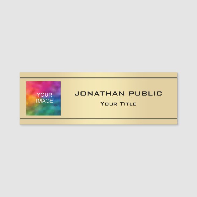 Gold Look Employee Staff Crew Photo Image Stylish Name Tag (Front)