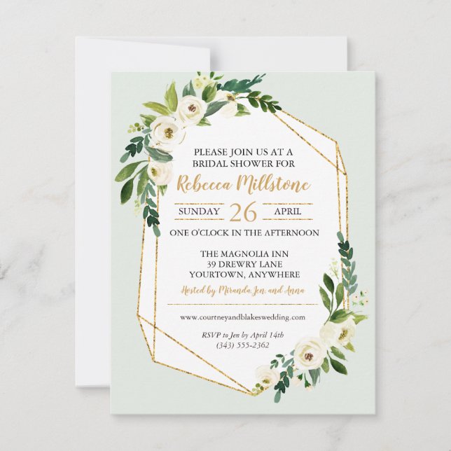 Gold Look Geometric Frame Floral Bridal Shower Invitation (Front)