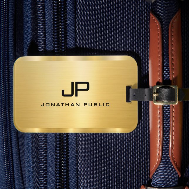 Gold Look Glamourous Modern Monogram Template Luggage Tag (Front Insitu 4)
