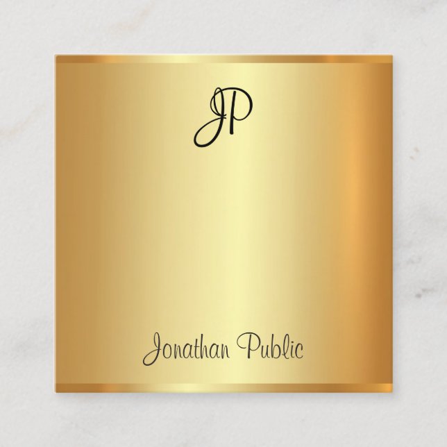 Gold Look Modern Handwritten Monogrammed Script Square Business Card (Front)