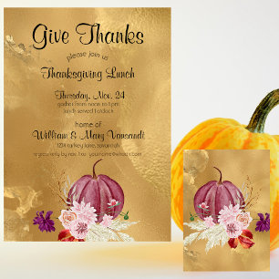 Gold-Look Pumpkin Floral Thanksgiving Lunch Invitation