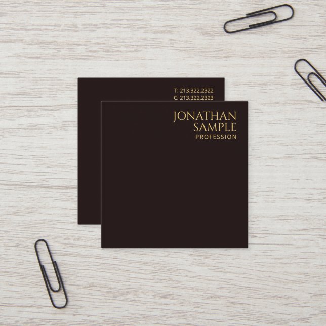 Gold Look Text Modern Elegant Black Velvet Square Business Card (Front/Back In Situ)