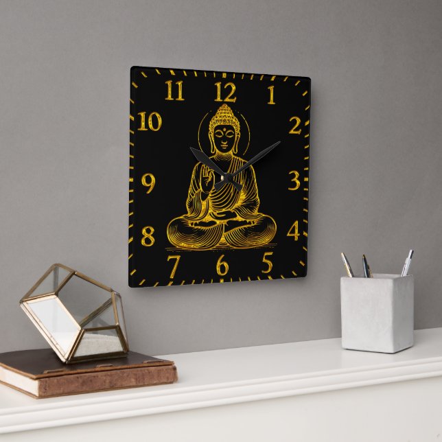 Gold Looking Buddha Statue Radiating Tranquillity Square Wall Clock (Office)