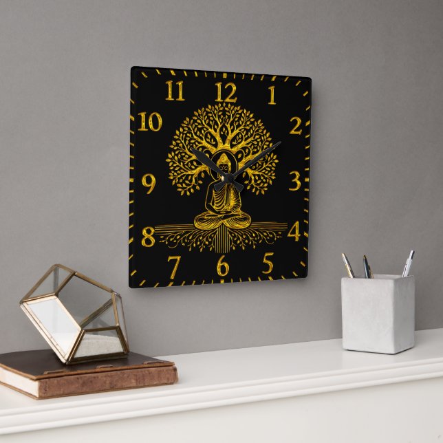 Gold Looking Buddha Surrounded by Intricate Leaves Square Wall Clock (Office)