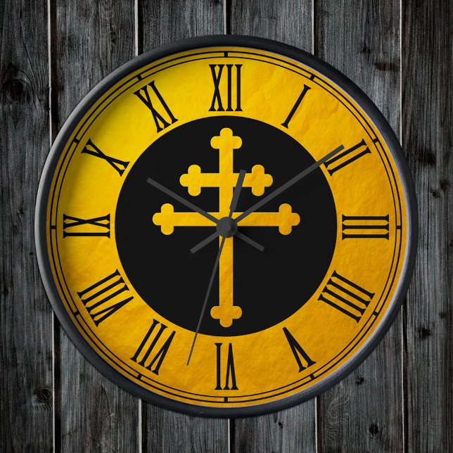 Gold Lorraine Cross on Black / Christian Golden Round Clock (Creator Uploaded)