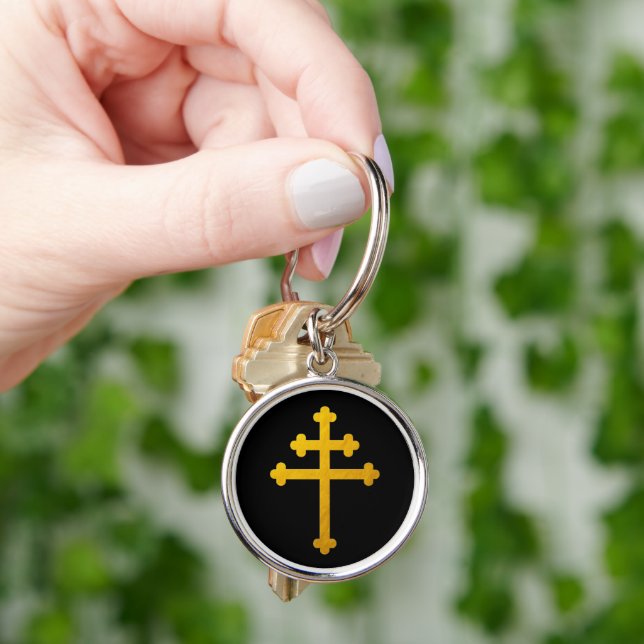 Gold Lorraine Cross on Black / fashion  Keychain (Hand)