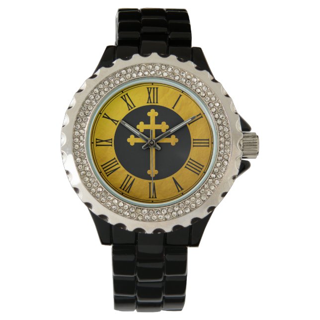 Gold Lorraine Cross on Black / golden Christian Watch (Front)