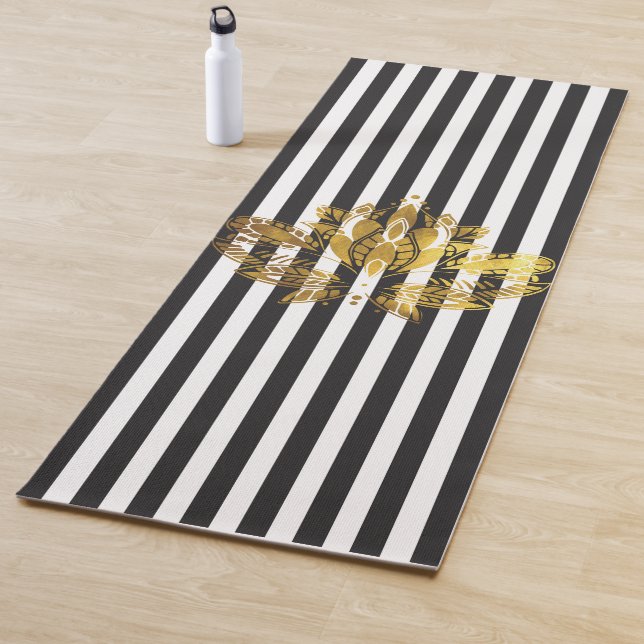 Gold Lotus & Black+White Stripes Yoga Mat (In Situ)