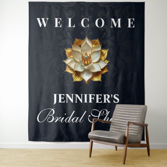Gold Lotus Bridal Shower Welcome Backdrop Tapestry (In Situ)