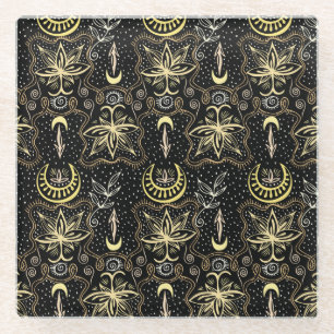 Gold Lotus: Crescent Vintage Elegance. Glass Coaster