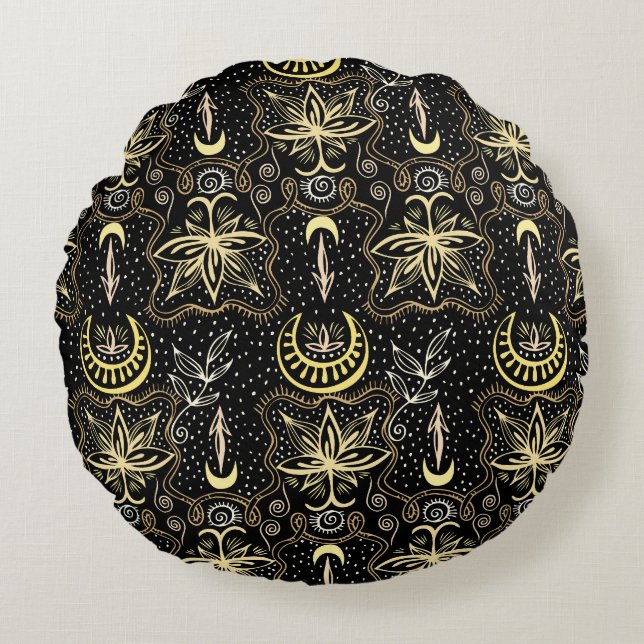 Gold Lotus: Crescent Vintage Elegance. Round Cushion (Front)