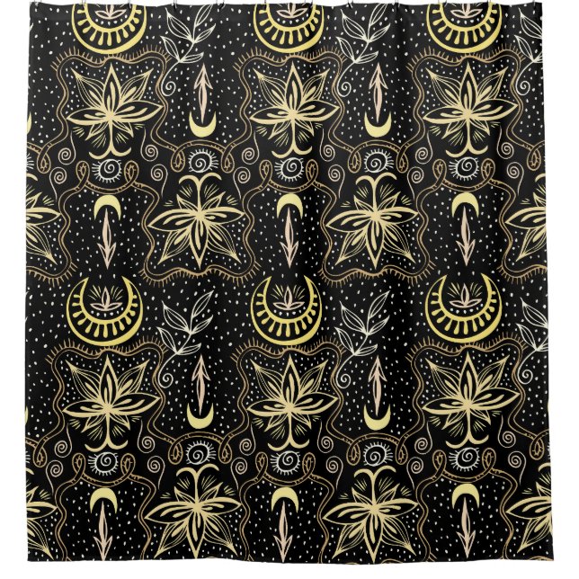 Gold Lotus: Crescent Vintage Elegance. Shower Curtain (Front)