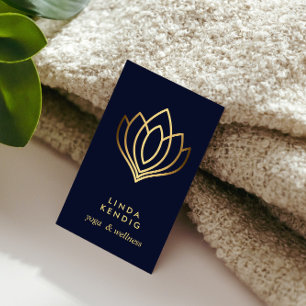 Gold Lotus flower Blue wellness massage yoga Business Card