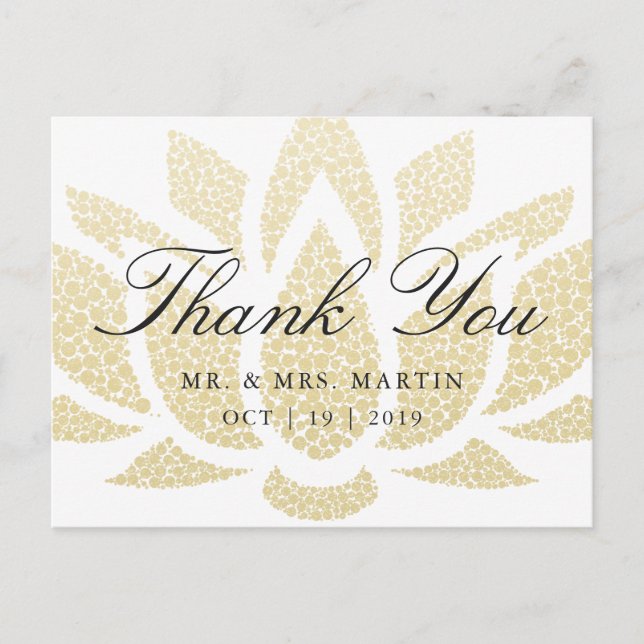 Gold Lotus Flower Custom Wedding Thank You Postcard (Front)