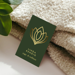 Gold Lotus flower Green wellness massage yoga Business Card