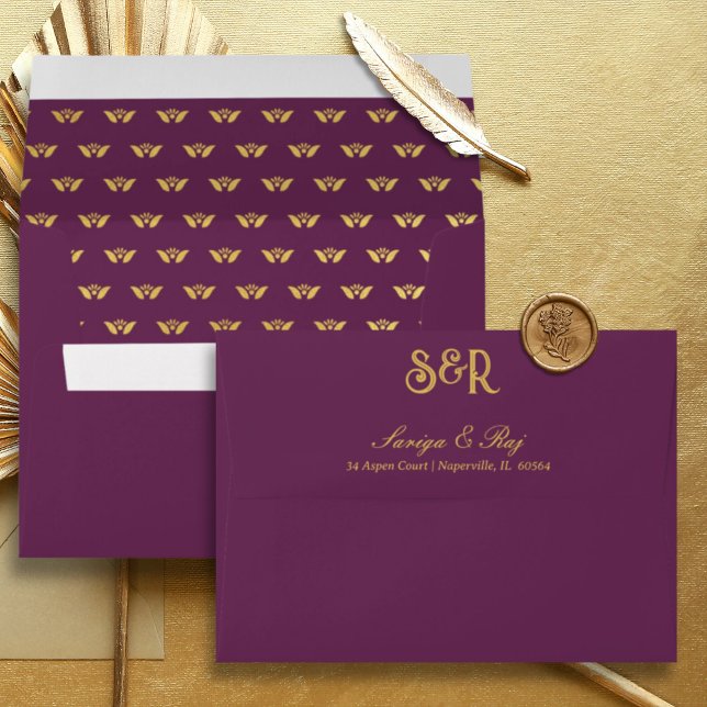 Gold Lotus Flower Lined Wedding Invitation Envelope (Indian wedding invitation envelope, hindu wedding invitation envelope, lotus flower lined envelope)