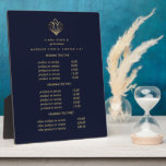 Gold Lotus  logo blue | spa massage pricing Plaque<br><div class="desc">Understated design displays your services, price list or business information beneath an illustration of a lotus flower in faux gold foils and your name or business name. Includes three customisable headings and body text fields. To adjust layout, enter your text and then use the Customise function to change positioning and...</div>