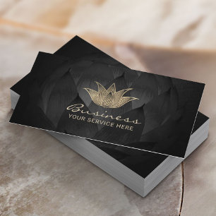 Gold Lotus Logo Elegant Black Floral Yoga Spa Business Card