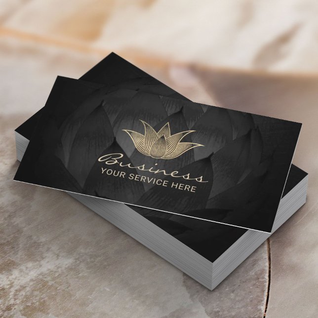 Gold Lotus Logo Elegant Black Floral Yoga Spa Business Card (Creator Uploaded)