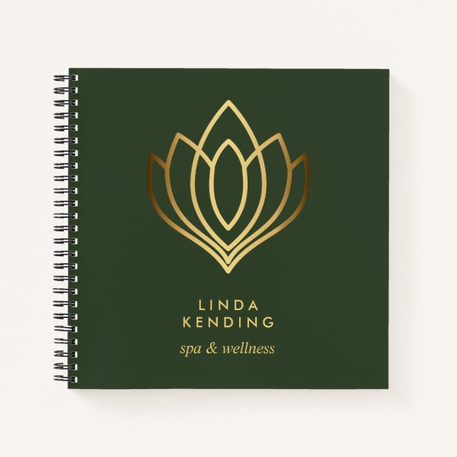 Gold Lotus Logo | Green  Personalised Monogram Notebook (Front)