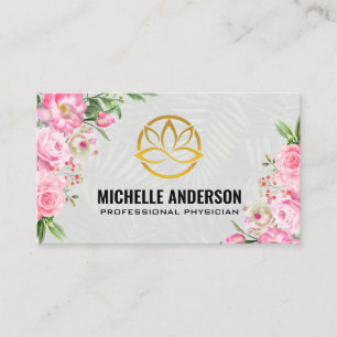Gold Lotus Logo Pink Flowers Palm Business Card