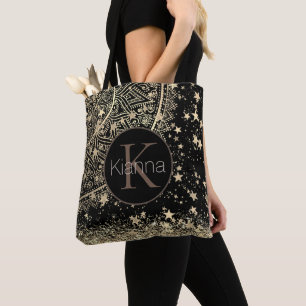 Gold Lotus Mandala Glitter Gold Stars Monogram Tote Bag