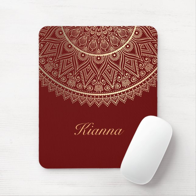 Gold Lotus Mandala on Red Personalised   Mouse Mat (With Mouse)