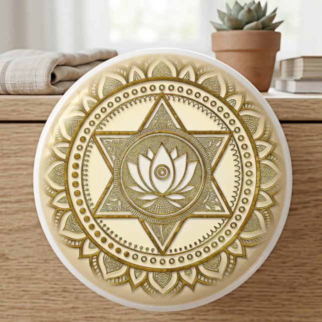 Gold Lotus Mandala Sacred Geometry Ceramic Knob (Ceramic knob features a gold mandala design with a lotus flower and a sacred geometry hexagram)