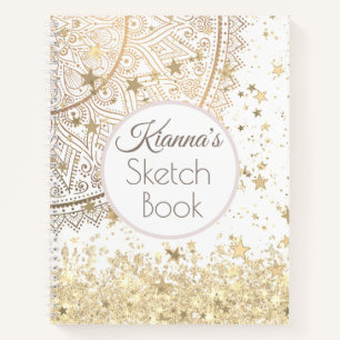 Gold Lotus Mandala with Gold Stars Glitter Notebook