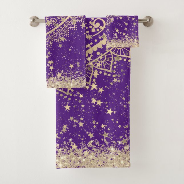 Gold Lotus Mandala with Gold Stars on Purple    Bath Towel Set (Insitu)