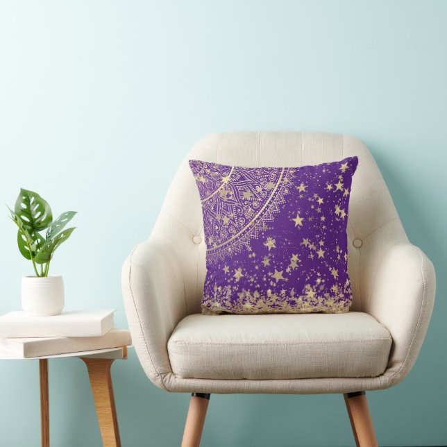 Gold Lotus Mandala with Gold Stars on Purple  Cushion (Chair)