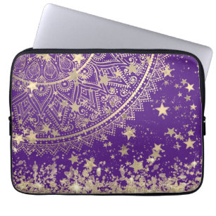 Gold Lotus Mandala with Gold Stars on Purple Laptop Sleeve