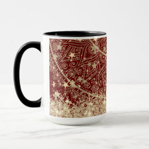 Gold Lotus Mandala with Gold Stars on Red Mug