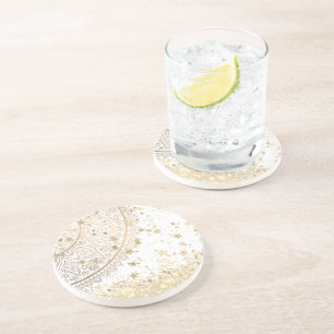 Gold Lotus Mandala with Gold Stars on White Coaster